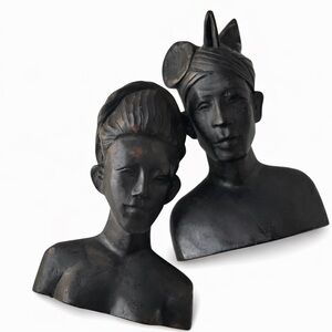Balinese Carved Wood Bust Sculptures Ebonized Indonesian Figurative Art